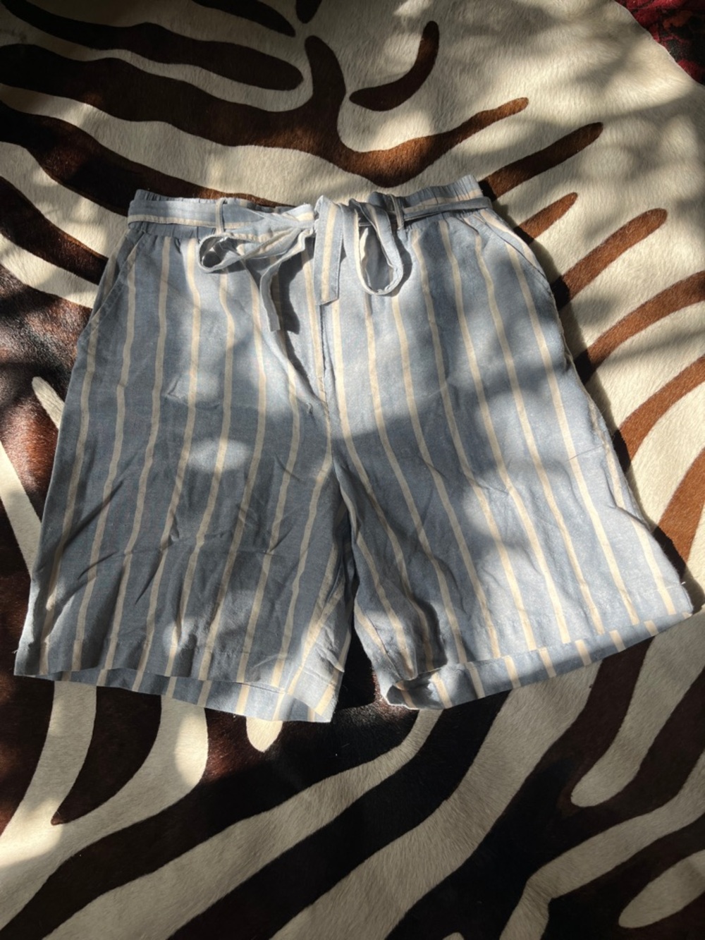 Skies Are Blue Blue and Cream Striped Tie-Waist Shorts